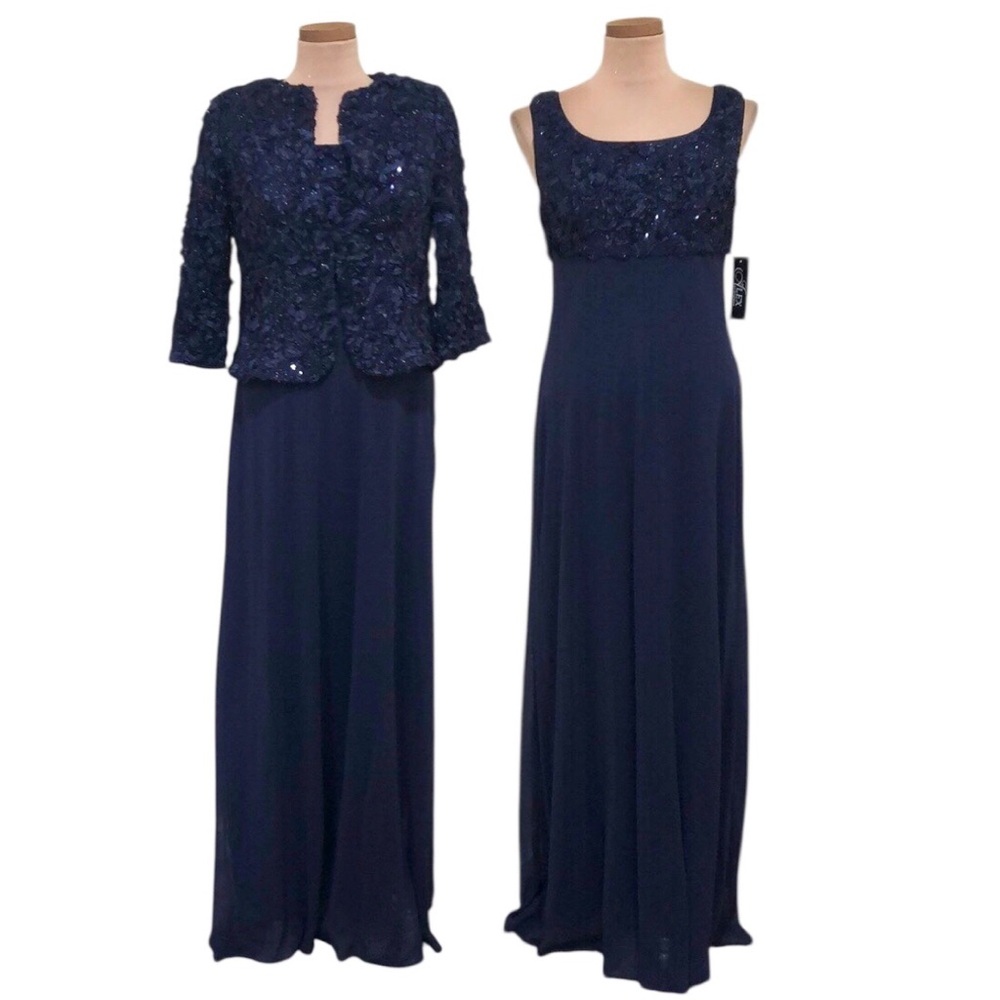 NWT Alex Evenings Maxi Dress Jacket Set Size 6 Navy Blue Soutache Sequin Gown